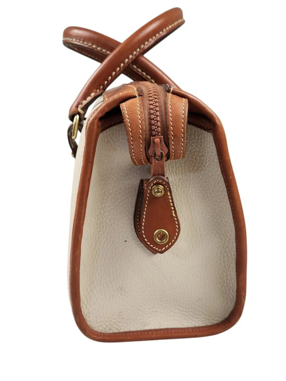 VTG Dooney & Bourke Leather Satchel Cream Pebble Body Tan Trim Brass Duck Fob US